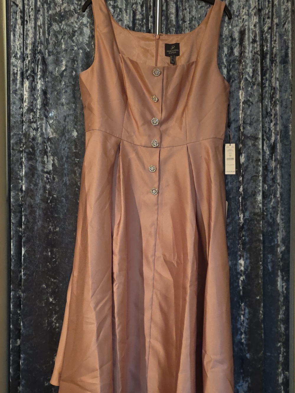 Adrianna Papell Rose-Mauve Satin Midi Dress with Crystal Buttons
